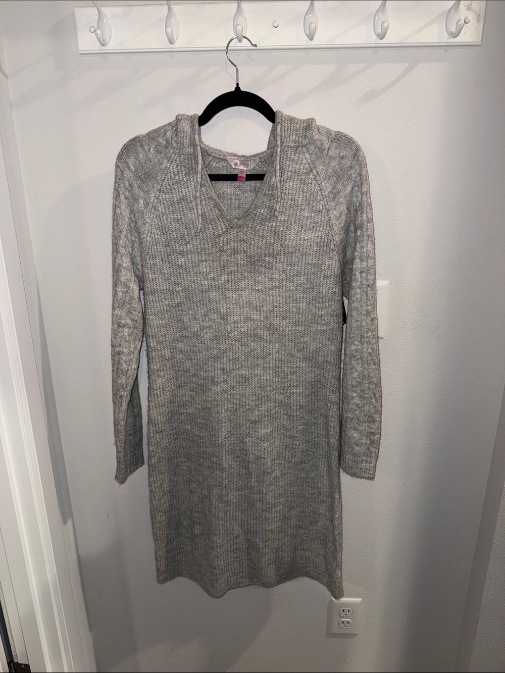 No Boundaries Cozy V-Neck Hooded Sweater Dress - Gray
